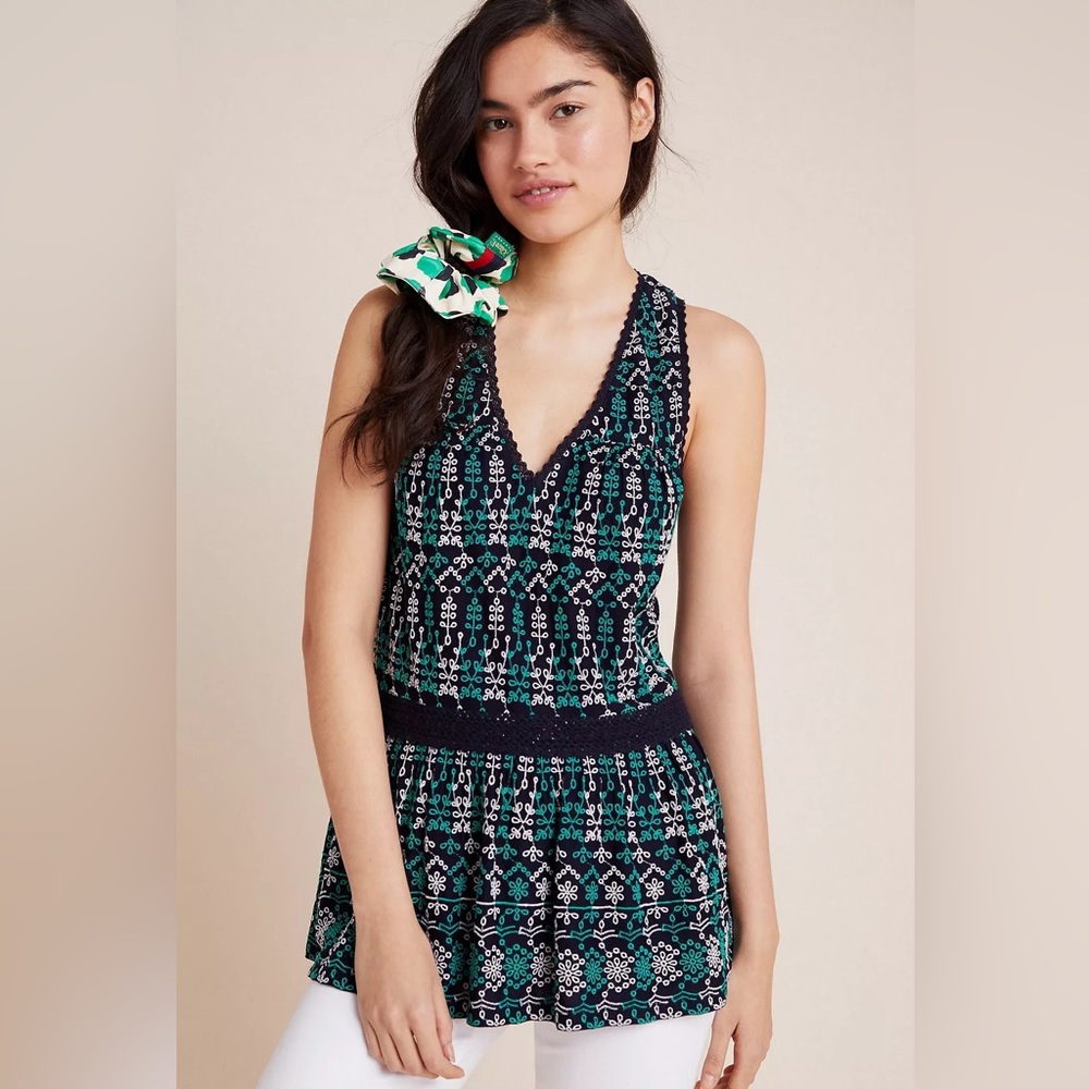 Anthro’s Maeve Black and Green Patterned Top